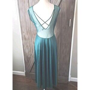 VTG Adonna Nightgown Slip Dress Med Green Sheer Lace Bodice Crisscross Coquette